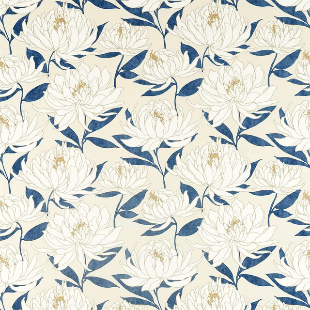 Ivory floral fabric with large cobalt leaves and fine botanical outlines
