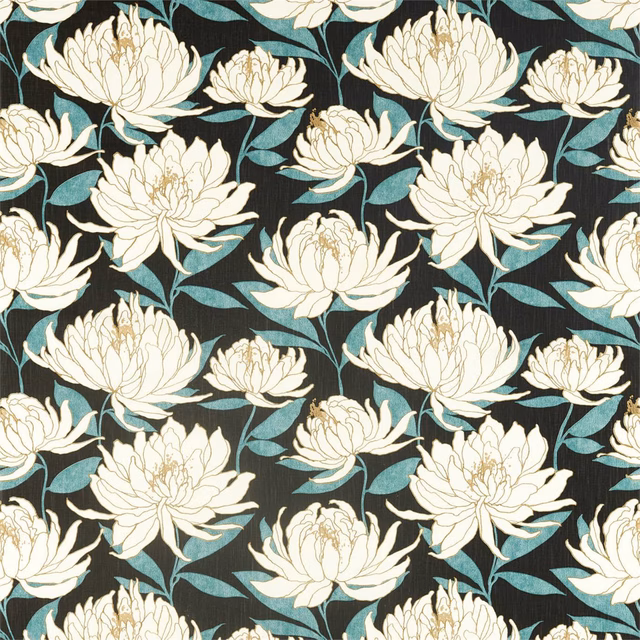 Cream floral blooms and kingfisher teal leaves on a midnight ground