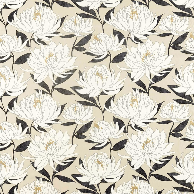 Platinum-taupe floral fabric with ivory blooms and sweeping ebony leaves