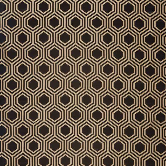 Charcoal fabric with warm taupe nested hexagon outlines in a dense geometric repeat