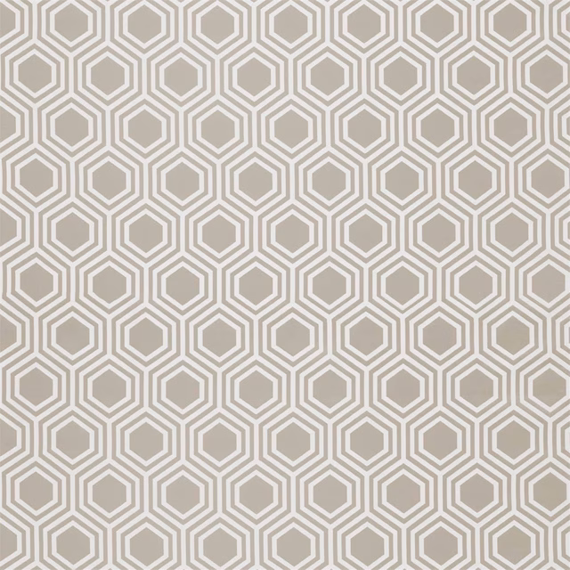 Pale platinum fabric with repeating taupe-grey concentric hexagons