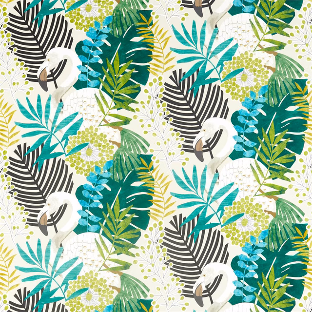 Cream botanical print with ebony striped leaves, teal palms and zest-green flower clusters
