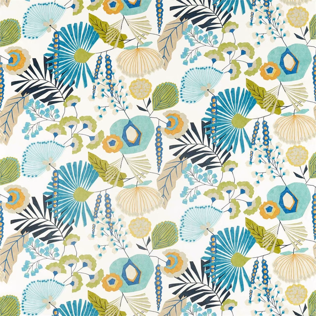 Ivory fabric with teal fans, lime foliage, cobalt blooms and sienna botanical details