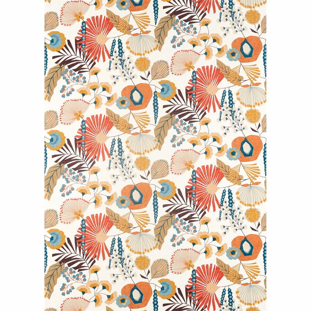 Cream botanical print with russet fans, navy leaves and lagoon-blue floral accents
