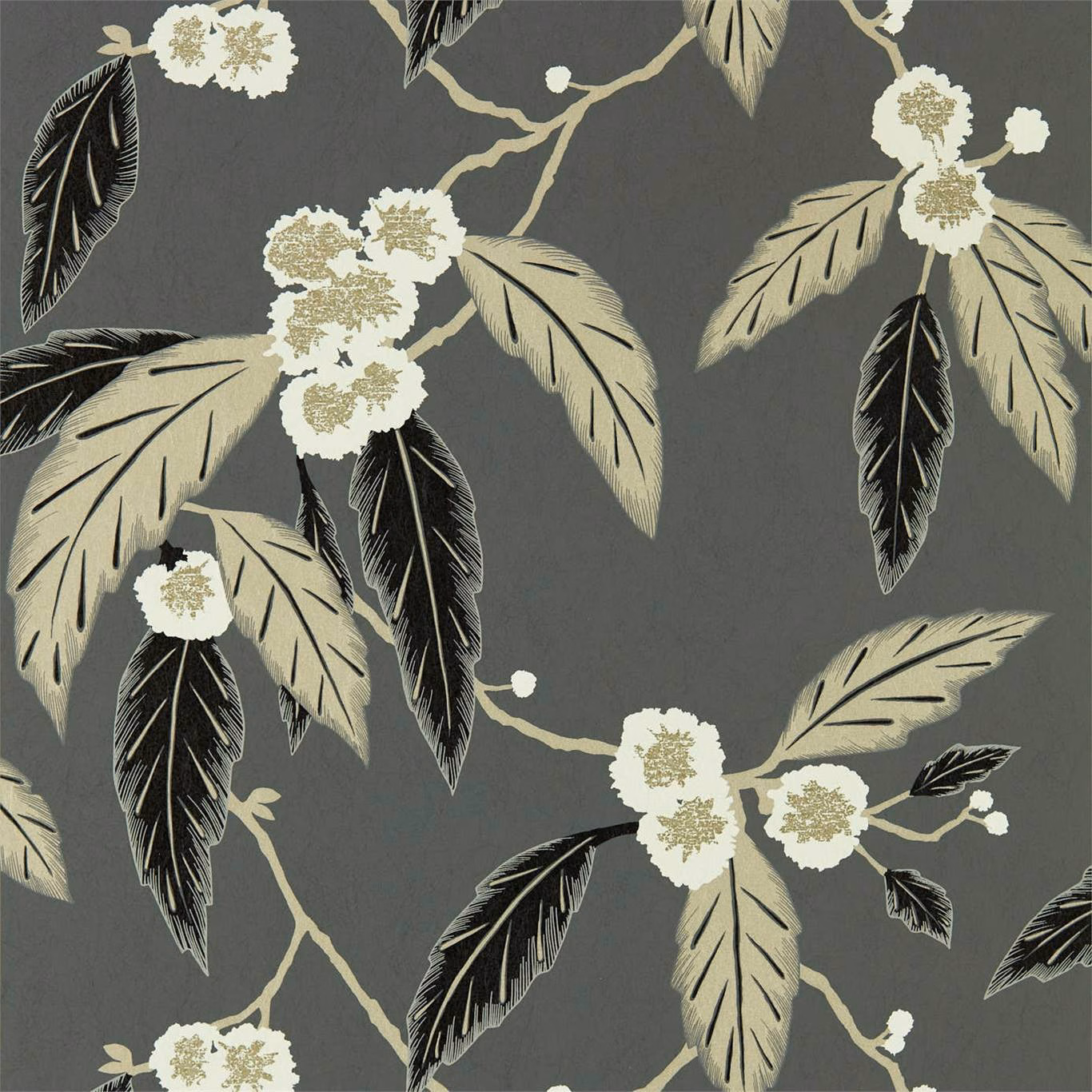 Charcoal wallpaper with snow blossoms, putty leaves and black feathered foliage