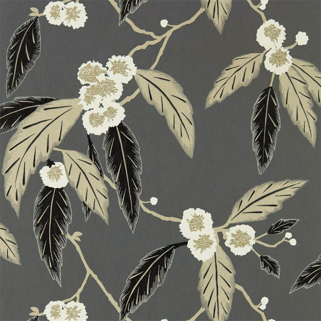 Charcoal wallpaper with snow blossoms, putty leaves and black feathered foliage