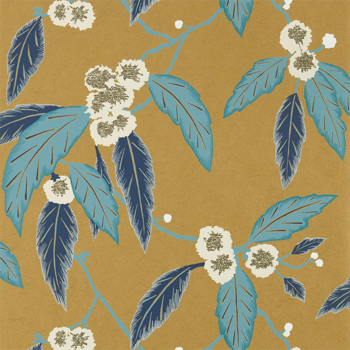 Ochre wallpaper with navy and lagoon leaves, cream flower heads, and turquoise stems