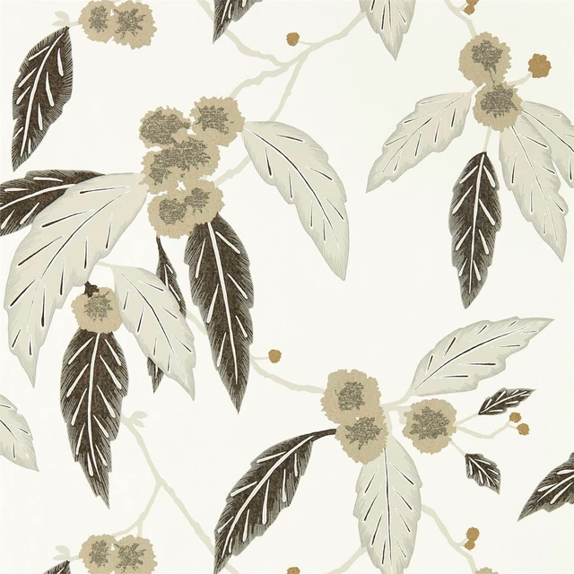 Oyster botanical wallpaper with ebony leaves, gilver flowers and pale foliage