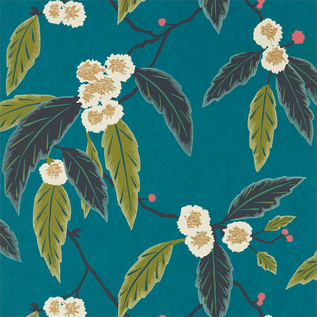 Peacock teal wallpaper with cream blossoms, olive leaves, midnight foliage and pink berries.