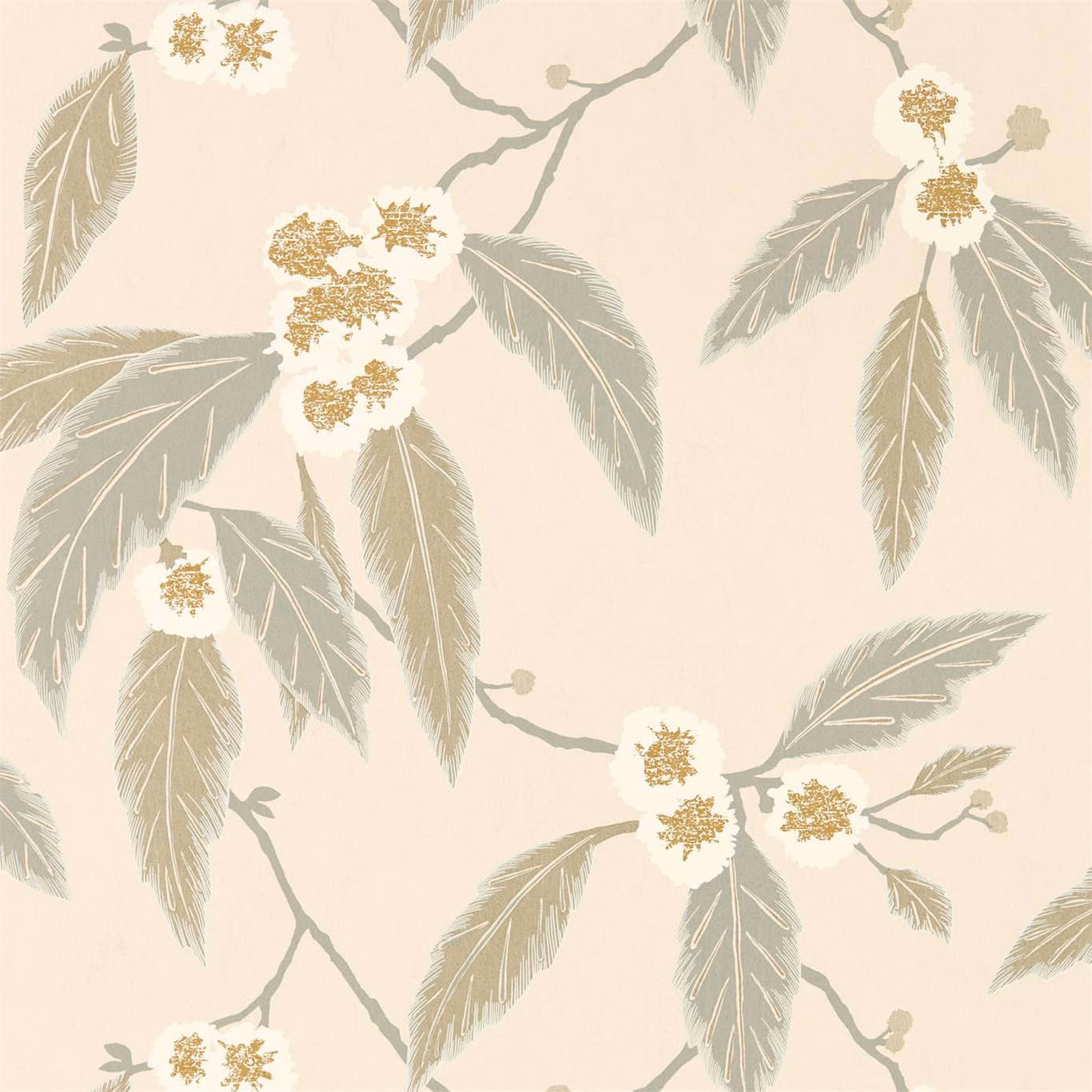 Powder blush botanical wallpaper with taupe branches, grey-green leaves and gilded flower clusters