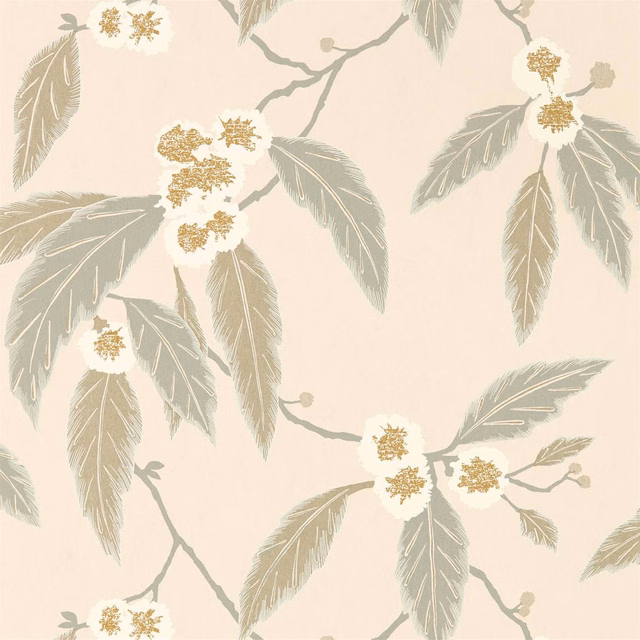 Powder blush botanical wallpaper with taupe branches, grey-green leaves and gilded flower clusters