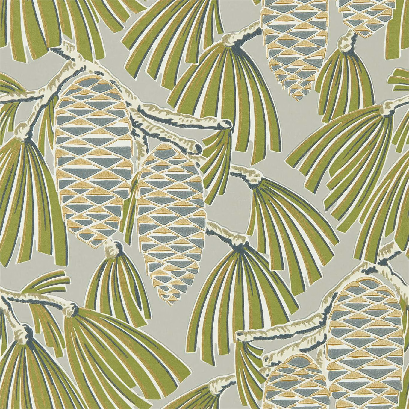 Stone wallpaper with olive fronds and blue-grey pineapple motifs