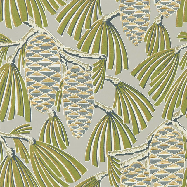 Stone wallpaper with olive fronds and blue-grey pineapple motifs