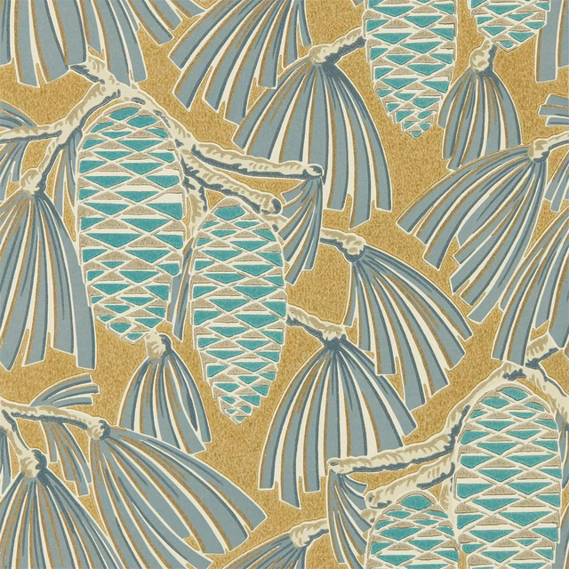 Teal fan-shaped leaves and geometric cones over a textured gold ground