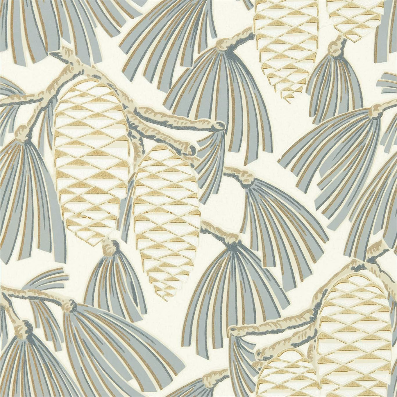 Cream wallpaper with platinum fan motifs and gold geometric feather forms