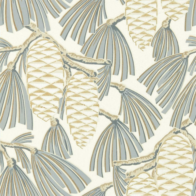 Cream wallpaper with platinum fan motifs and gold geometric feather forms