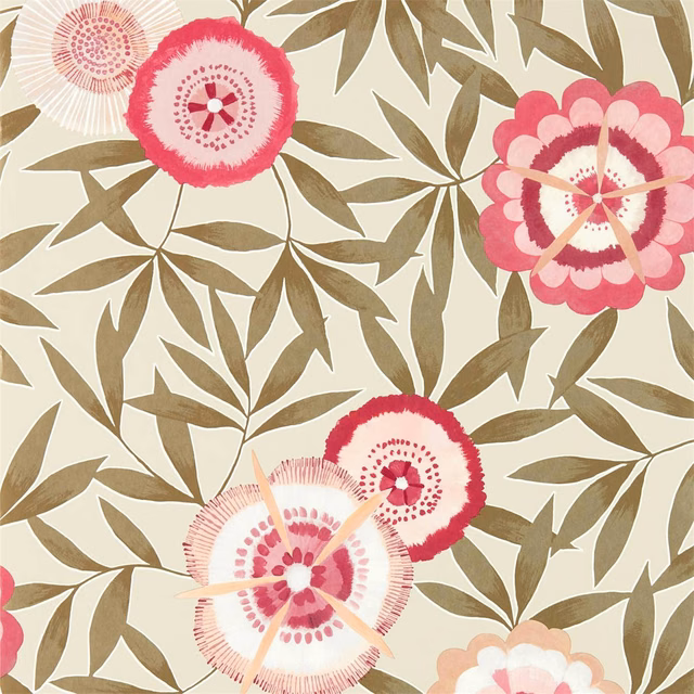 Cream wallpaper with coral pink flowers and olive-brown leafy branches