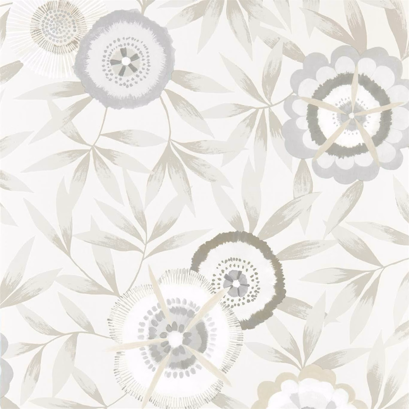 Dove grey botanical flowers and pale leaves on a soft linen wallpaper ground