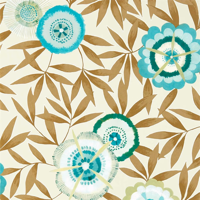 Turquoise radial flowers and gold-brown leaves on a warm cream wallpaper ground