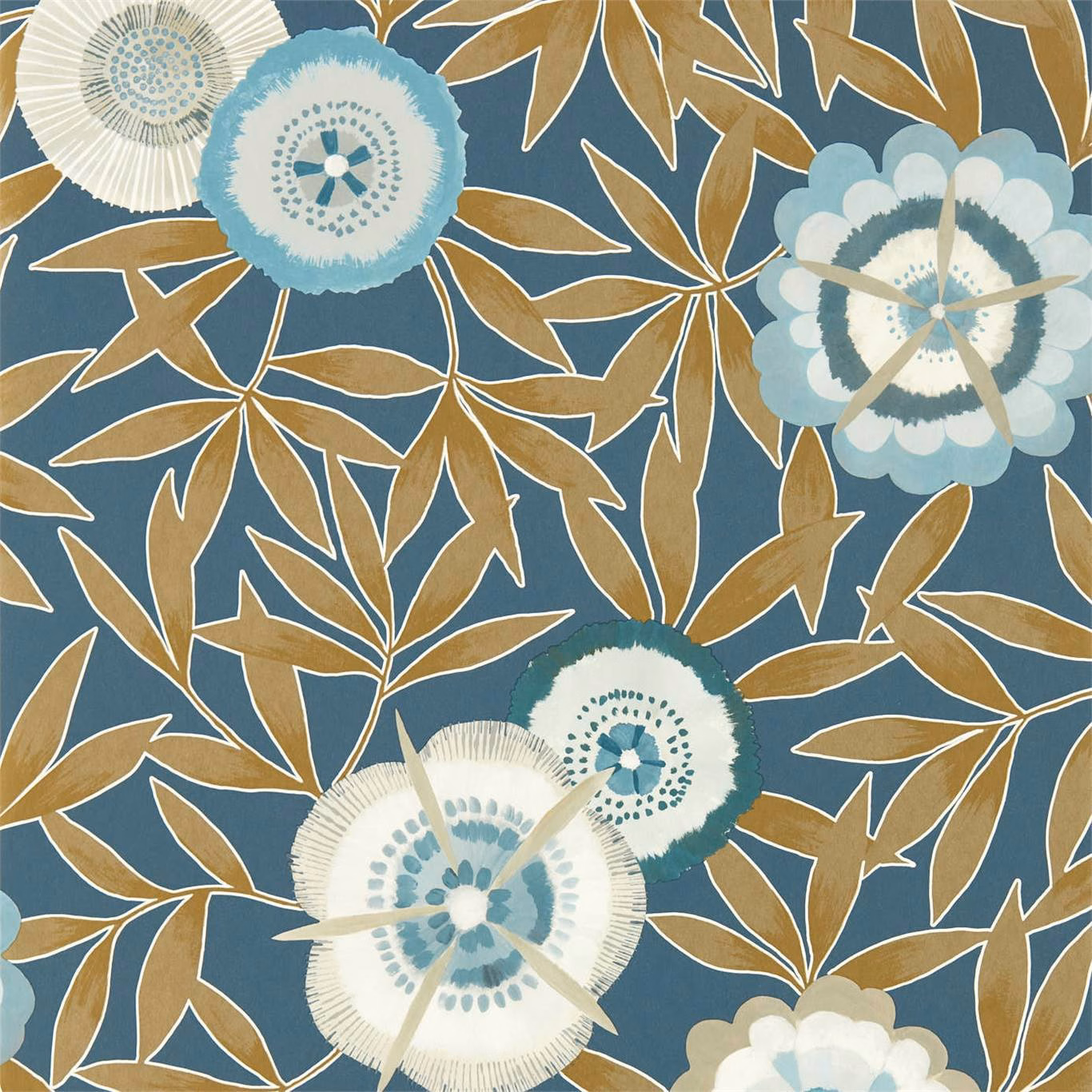 Deep blue wallpaper with ochre leaves and pale blue floral medallions