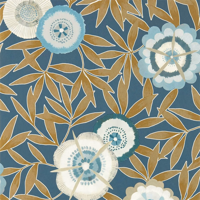 Deep blue wallpaper with ochre leaves and pale blue floral medallions