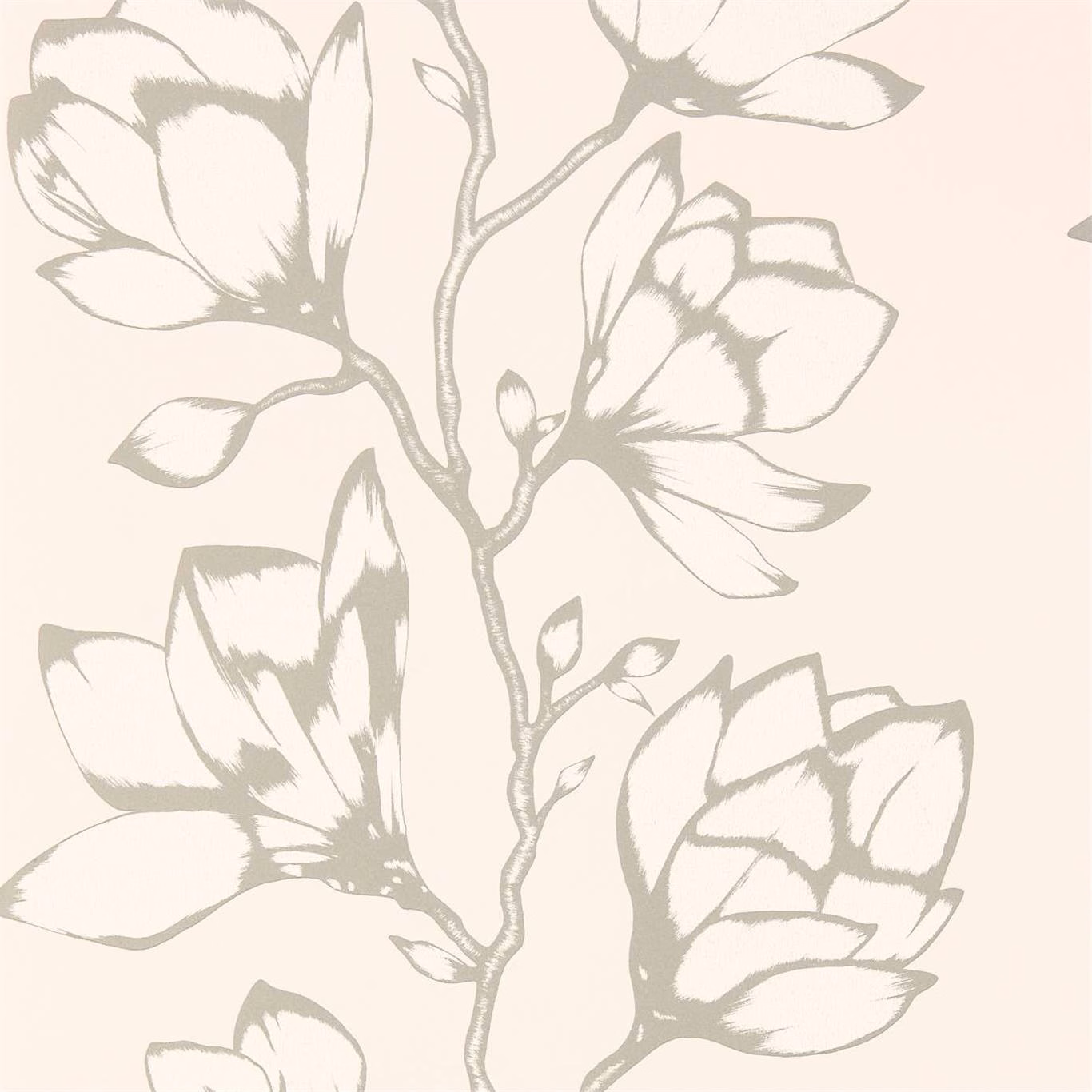 Powder blush wallpaper with large taupe-grey botanical flowers and branching stems
