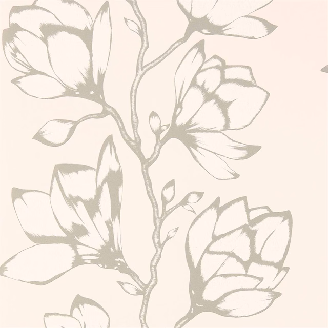 Powder blush wallpaper with large taupe-grey botanical flowers and branching stems