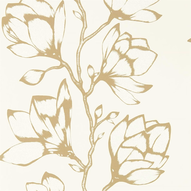 Large raffia-beige botanical blooms and stems on a pale cream wallpaper ground