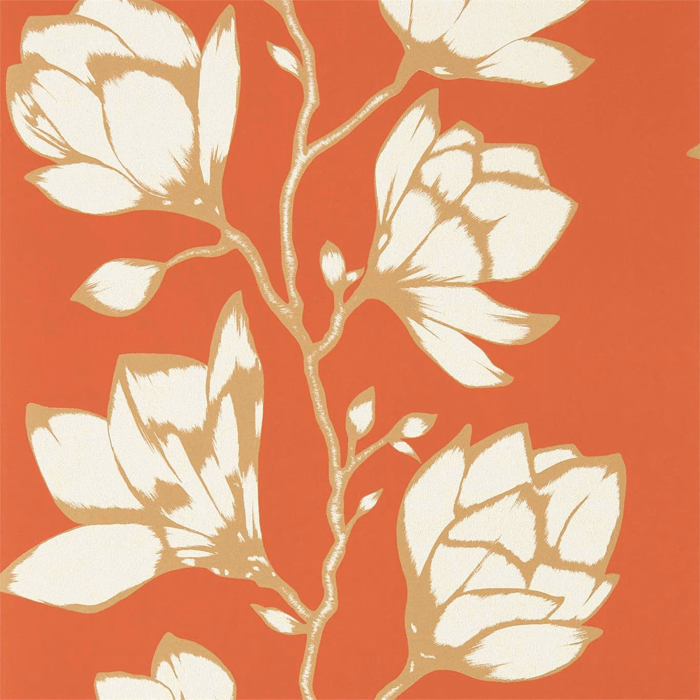 Russet wallpaper with oversized ivory flowers and biscuit-gold botanical branches
