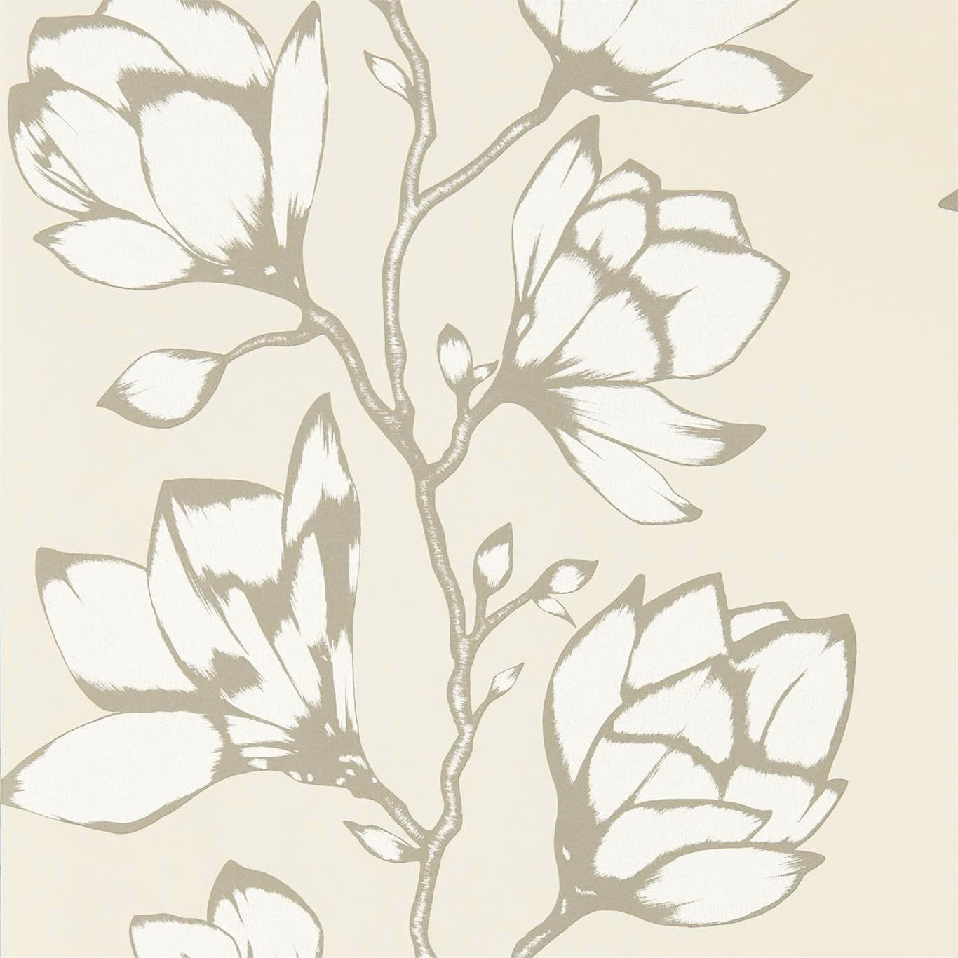 Pale stone wallpaper with large taupe botanical flowers and branching stems