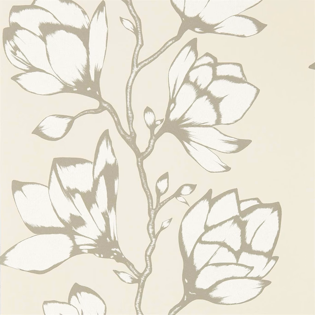 Pale stone wallpaper with large taupe botanical flowers and branching stems