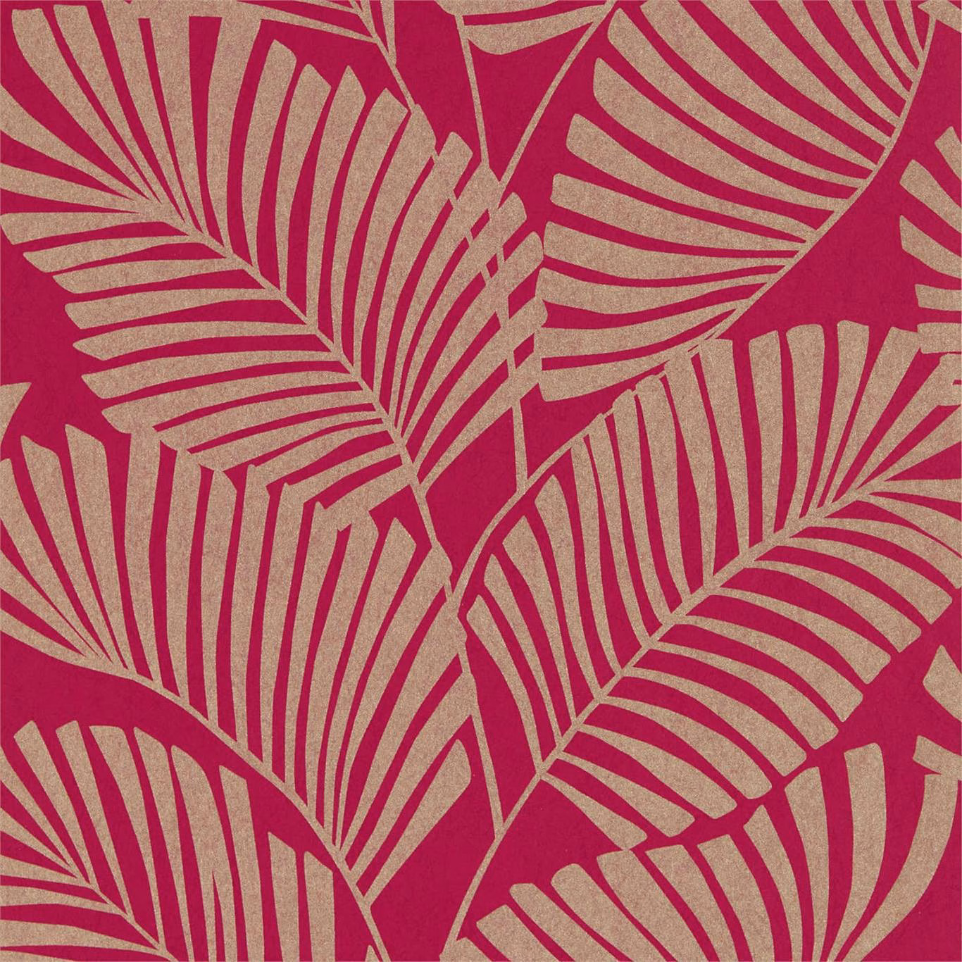 Vivid magenta wallpaper with taupe fan-shaped palm leaves in a bold repeat