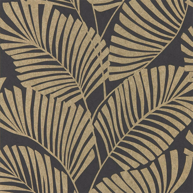 Charcoal wallpaper with oversized antique-gold palm fronds in a dense graphic repeat