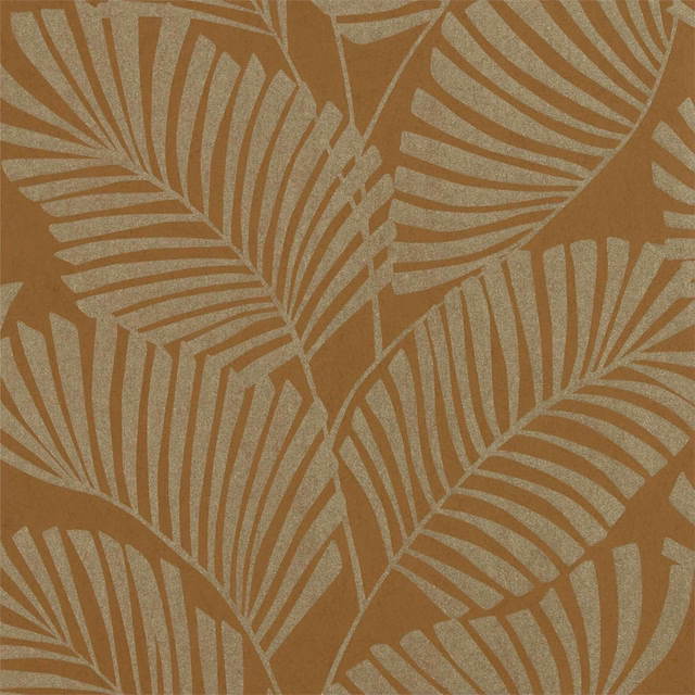 Warm ochre wallpaper with large pale greige fan-shaped botanical leaves
