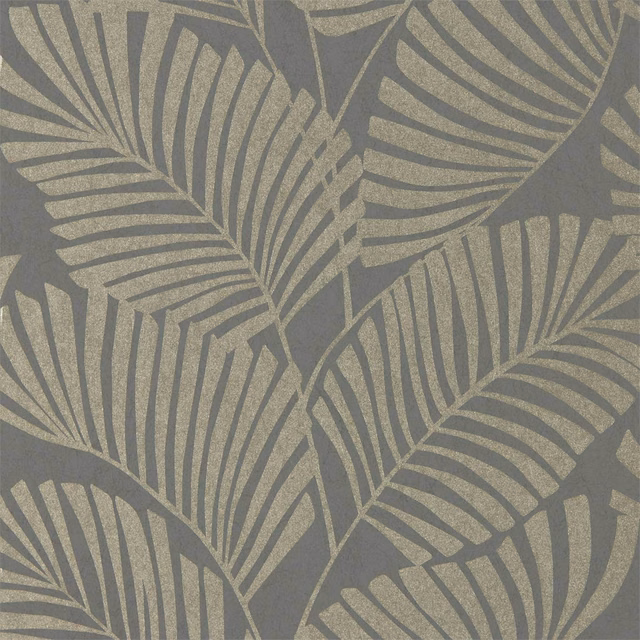 Slate-grey ground with taupe palm fronds and softly mottled printed texture