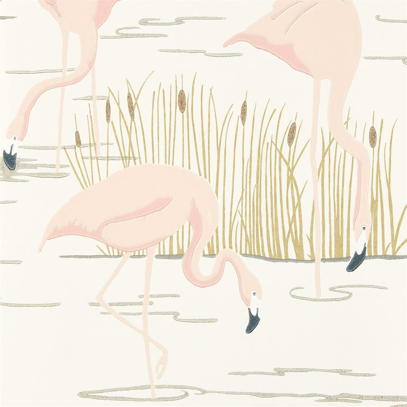 Champagne wallpaper with blush flamingos, golden reeds and pale grey water lines