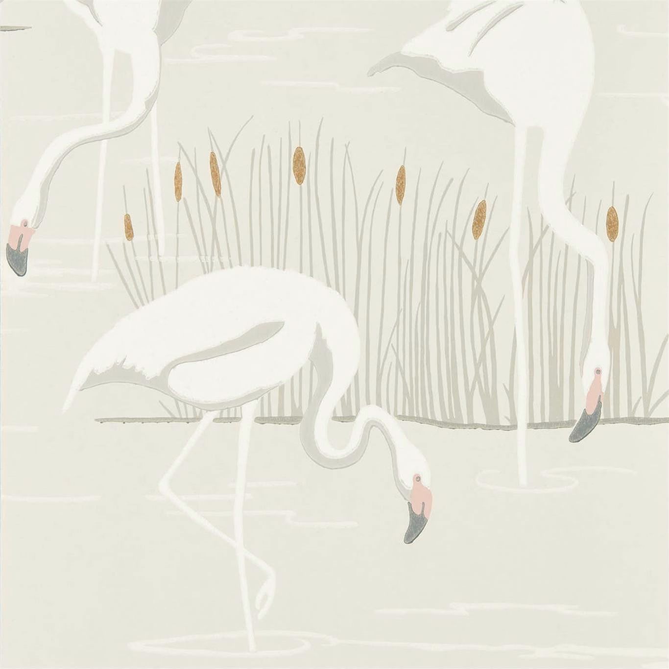 White flamingos and fine reeds on a pale sage-cream ground with gold seed heads