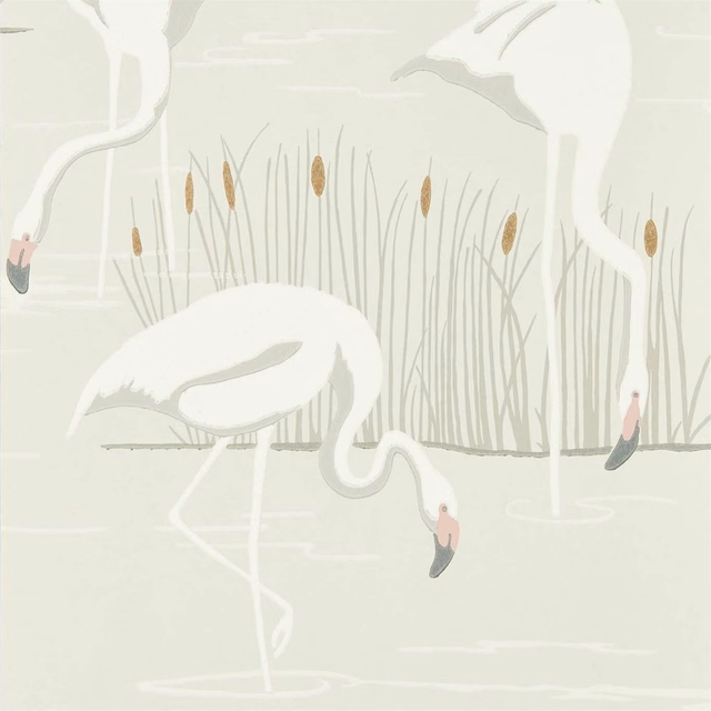 White flamingos and fine reeds on a pale sage-cream ground with gold seed heads