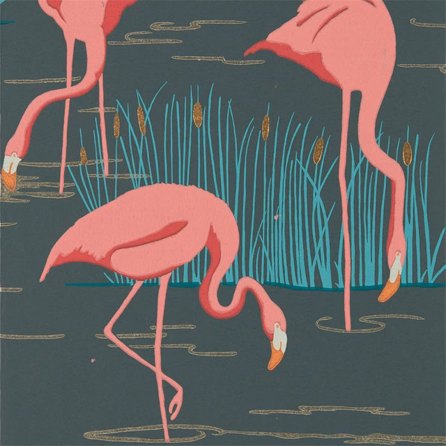 Ebony wallpaper with coral flamingos, turquoise reeds and muted gold water ripples