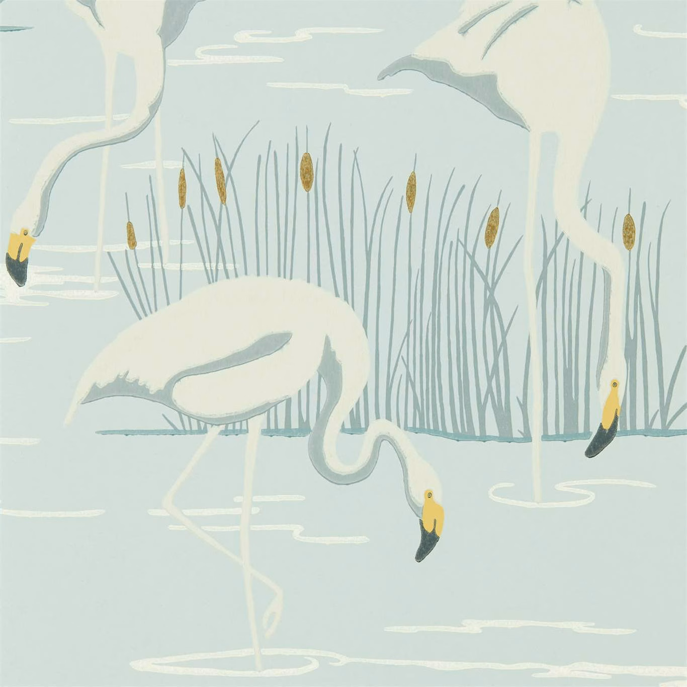 Icy blue wallpaper with linen-white wading birds, reeds and Dijon beaks