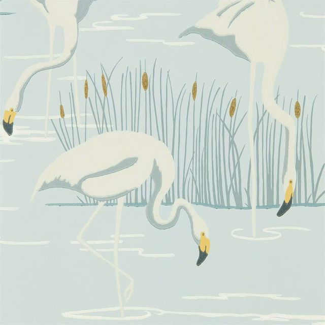 Icy blue wallpaper with linen-white wading birds, reeds and Dijon beaks