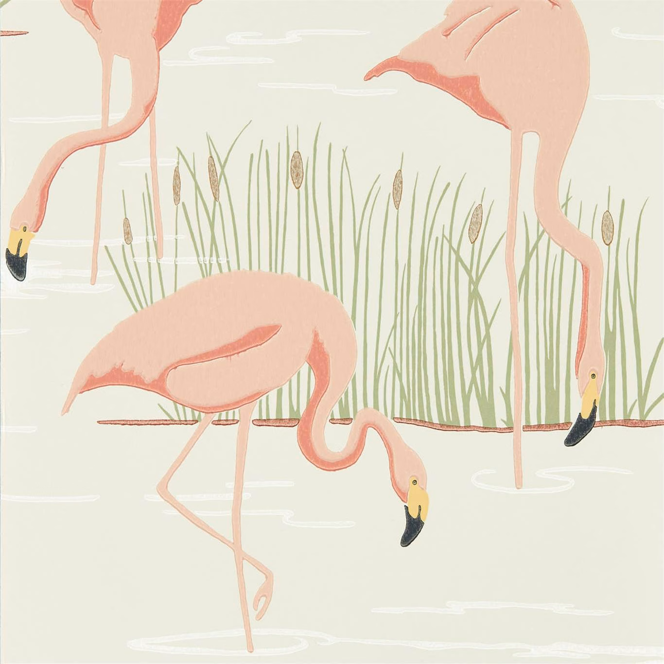 Blush flamingos wading through fern-green reeds on a limestone wallpaper ground