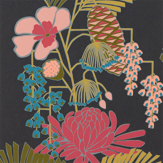 Charcoal wallpaper with coral flowers, teal foliage and ochre botanical outlines