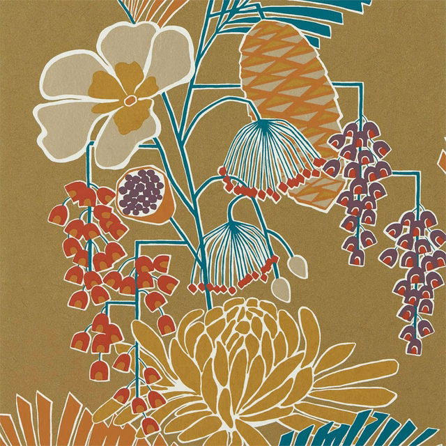 Ochre-gold botanical wallpaper with russett flowers and Atlantic teal outlines