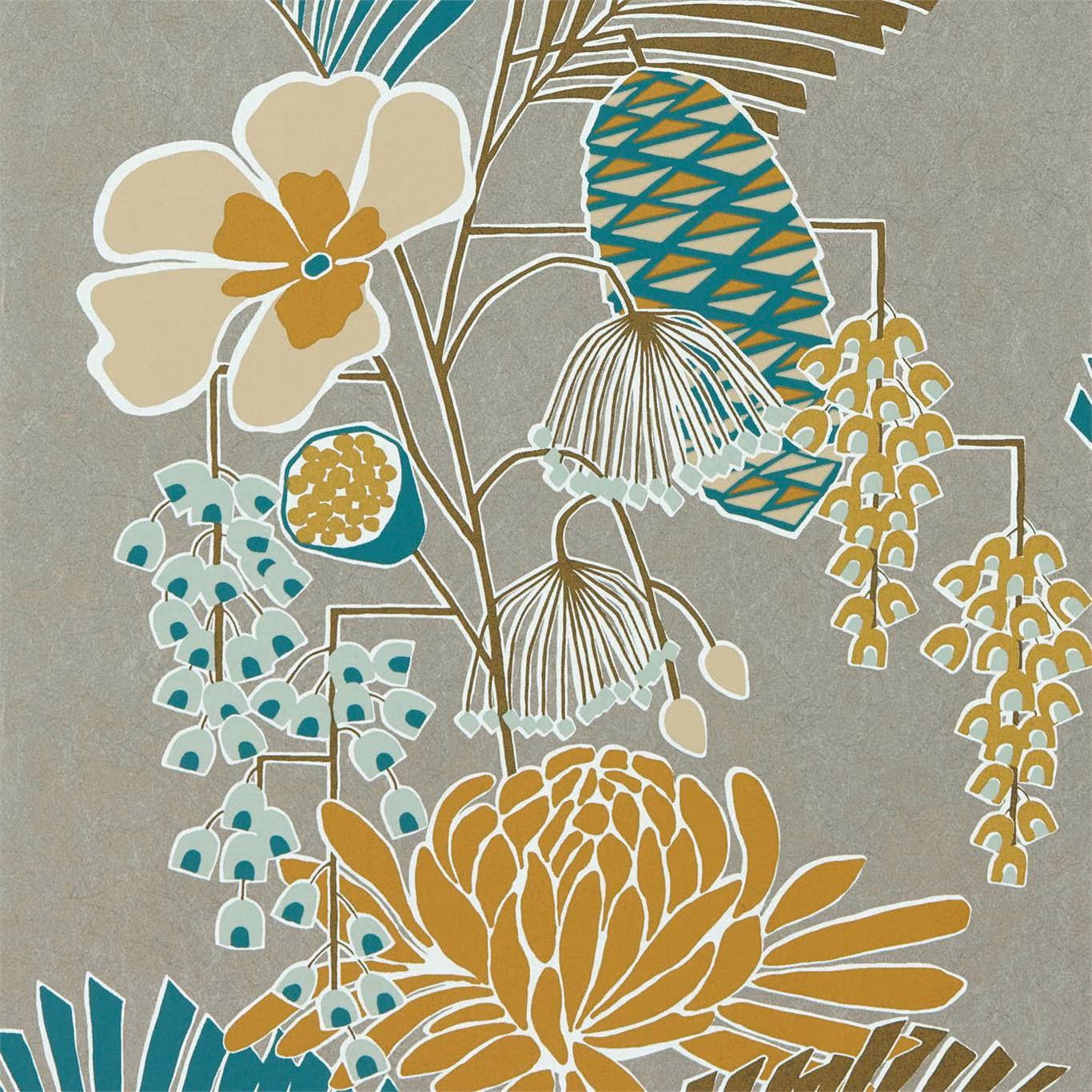 Platinum-grey wallpaper with ochre flowers, teal leaves and cream botanical outlines