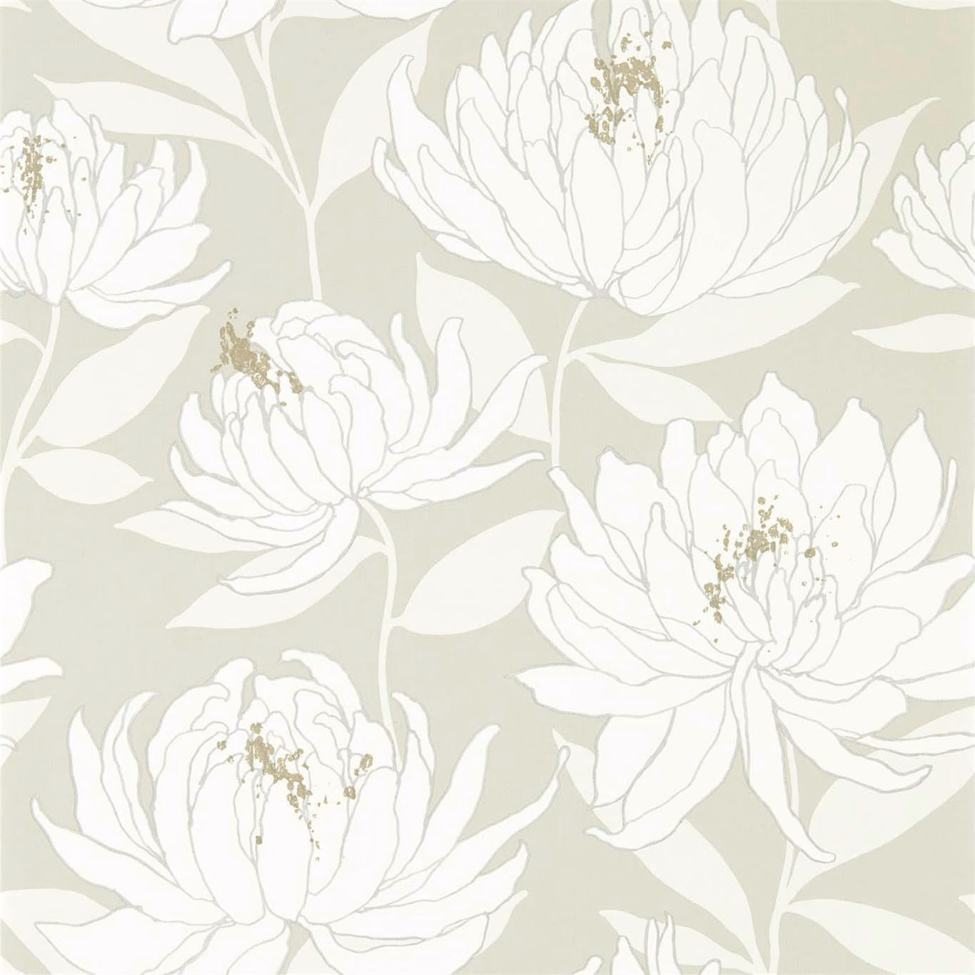 Oversized white flowers with taupe centres on a pale sage-grey wallpaper ground