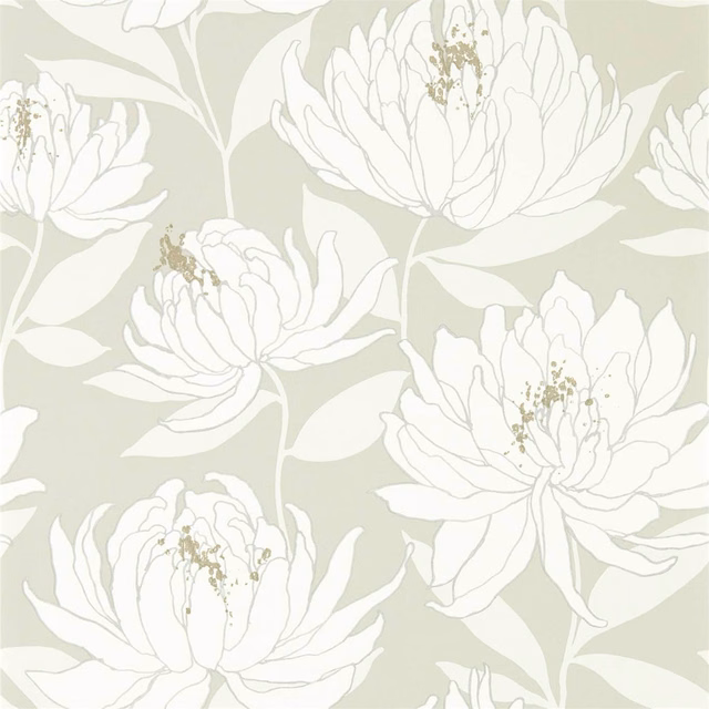 Oversized white flowers with taupe centres on a pale sage-grey wallpaper ground