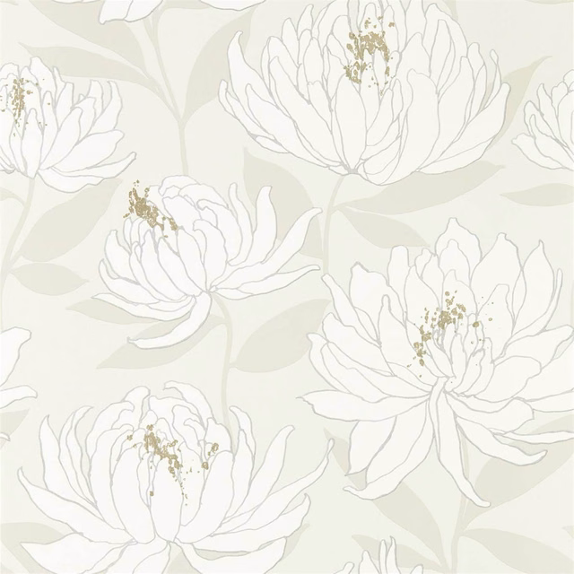 Pale glacier wallpaper with outlined white blooms, silver-green leaves and tiny gold centres