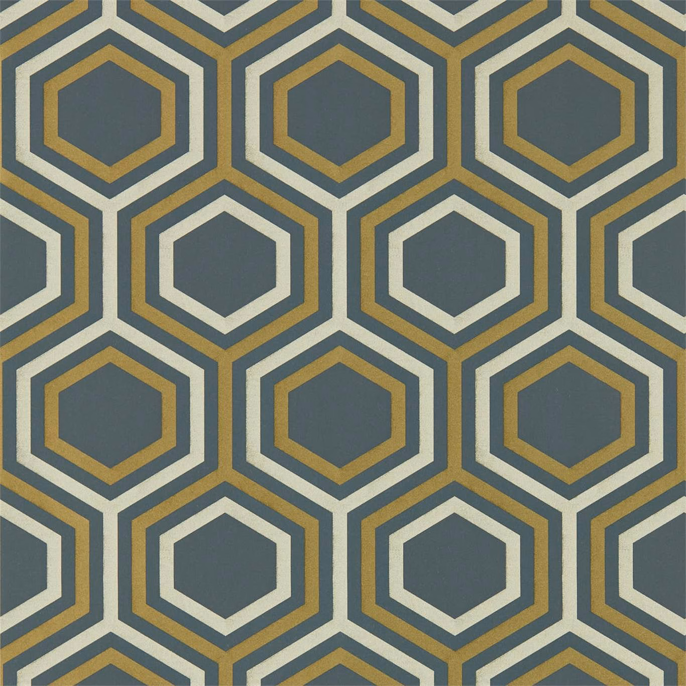Slate-grey wallpaper with repeating hexagons, ivory outlines and ochre-gold bands