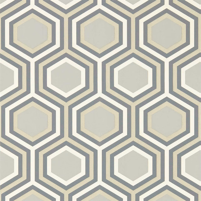 Slate grey and platinum interlocking hexagon wallpaper with pale stone centres